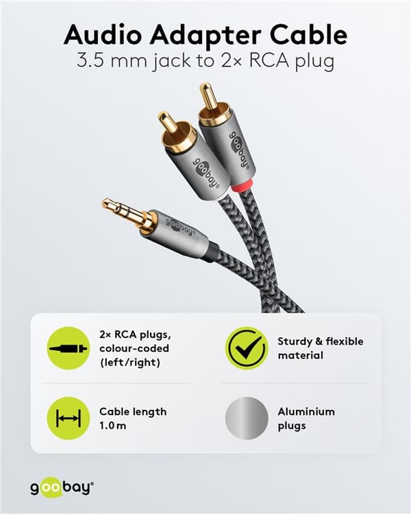 Audioadapterkabel AUX, 3,5 mm jackstik til stereo RCA-stik, 1 m
