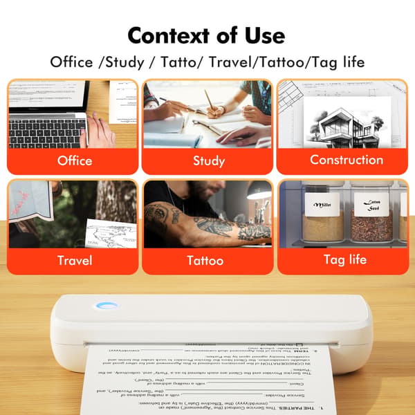 Bærbar termisk printer kompatibel med Android, Apple og Window – genopladelig Bluetooth- og USB-penfri printer med 3 ruller termisk papir White White