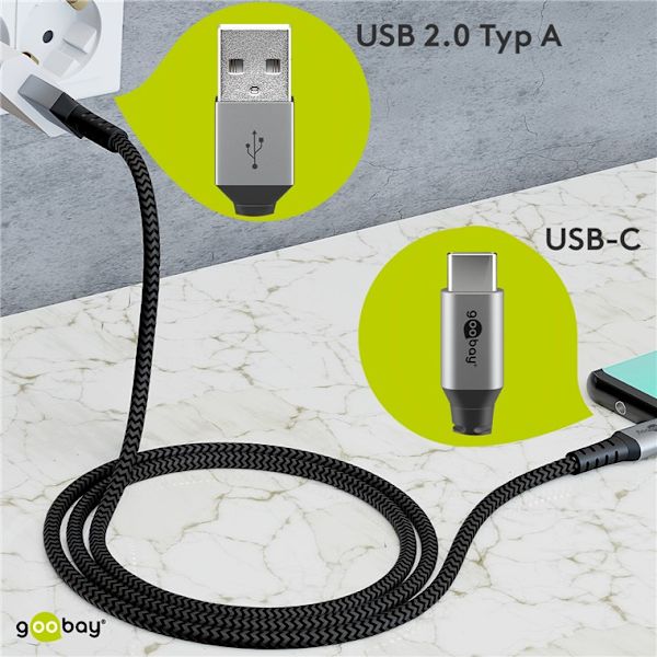 USB-C™ til USB-A tekstilkabel med metalstik 0,5 m