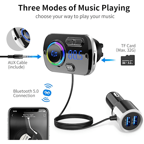 INF Trådlös FM-sändare för bilen Bluetooth 5.0 QC3