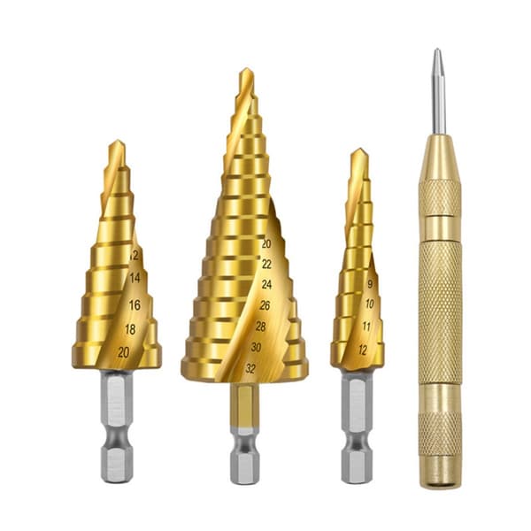 3-pack Hex Shank Spiral Borrsteg Center Punch Combo Set - Guld Titanium Belagd