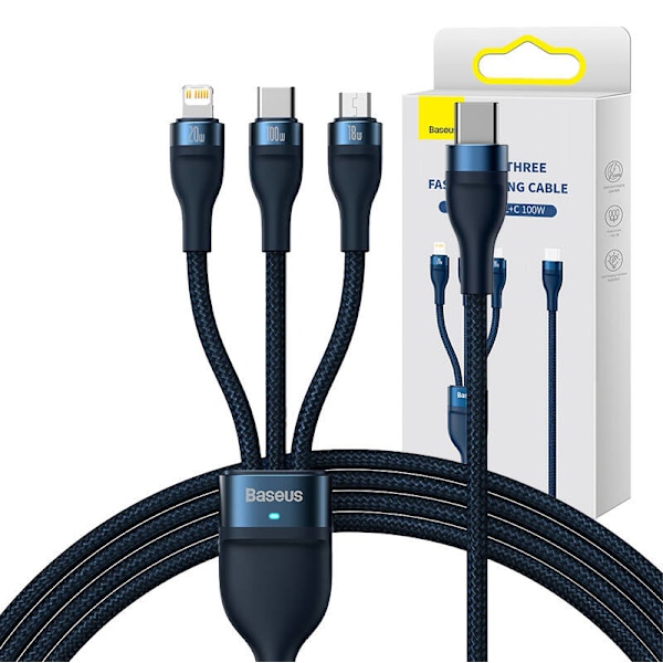 3-i-1 USB-kabel Baseus Flash Series 2, USB-C + micro USB + Lightning, 100W, 1,5 m (blå)