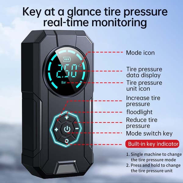 Sladdlös bil däckpump och luftpump - Bärbar elektrisk kompressor med förinställt tryck