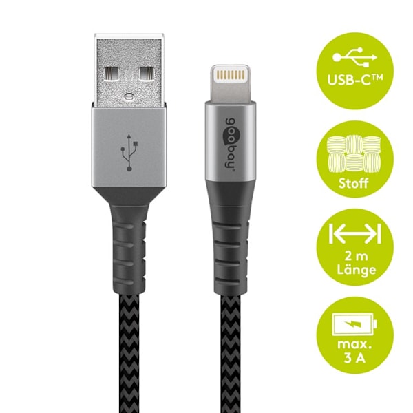 Lightning USB-A tekstilkabel med metalstik, 2 m