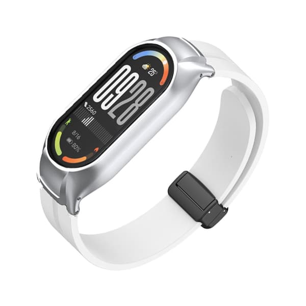 Erstatningsrem til Xiaomi Smart Band 9 Standard og 9 NFC Edition med metalskal, silikone og magnetisk foldelås White White