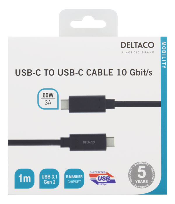 USB-C cable, 1m, USB 3.2 Gen 2, 10 Gbps, 60W, black
