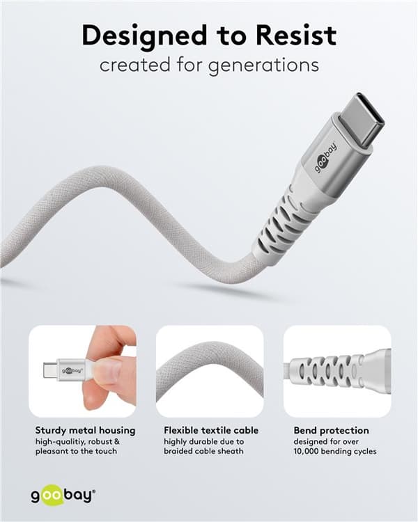 USB-C™ supersoft textilkabel med metallkontakter, 1 m, vit