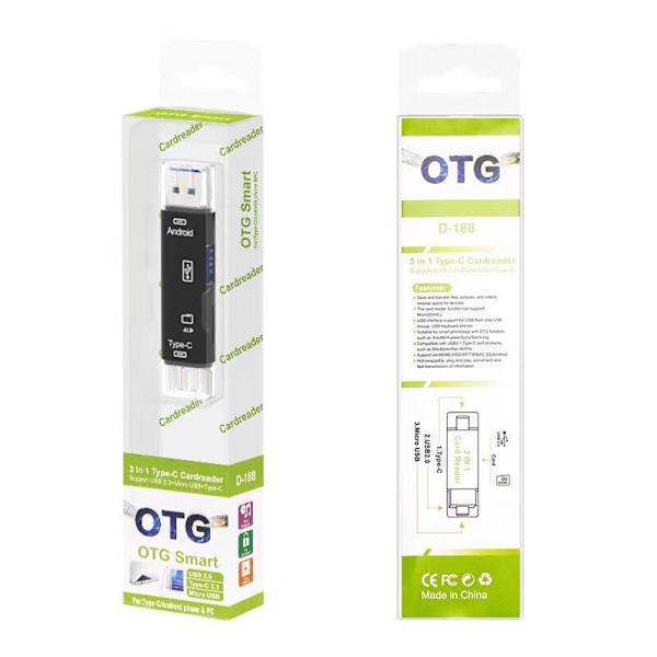 3-in-1-kortinlukija: USB 2.0, Type-C, SD/TF-yhteensopivuus