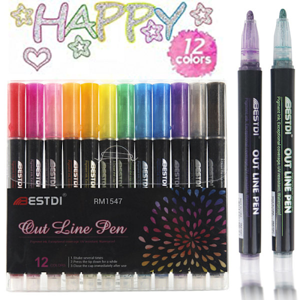 Livfullt Dubbel Linje Kontur Marker Set för Konst 12-pack