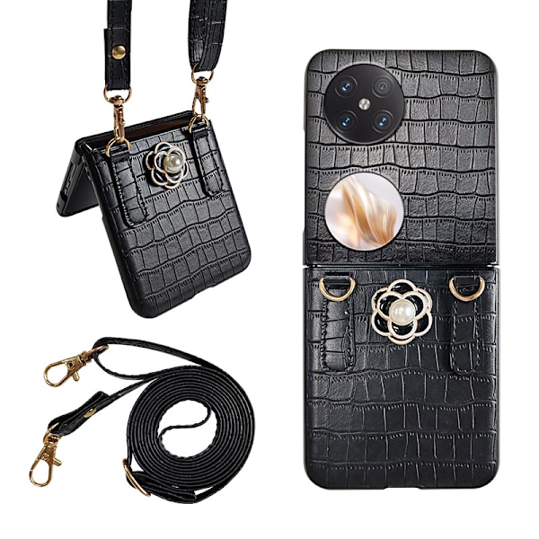 Crossbody skulderrem foldbar læderetui til Huawei Pocket 2 Sort