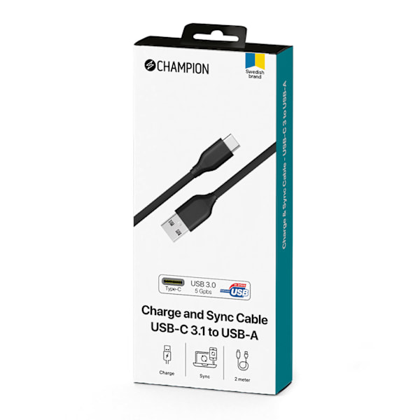 USB-A till USB-C Kabel 2m Svart