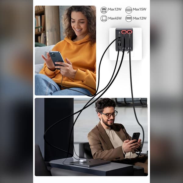 45 W oplader med fire porte, udtrækkeligt kabel og foldbart EU-stik til telefoner, bærbare og digitale enheder Black Black