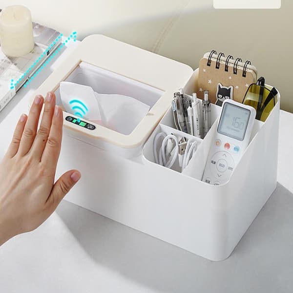 Smart Sensor Elektrisk Opbevaringsboks til Skrivebord - Innovativt Skydelågsdesign grey+white grey+white