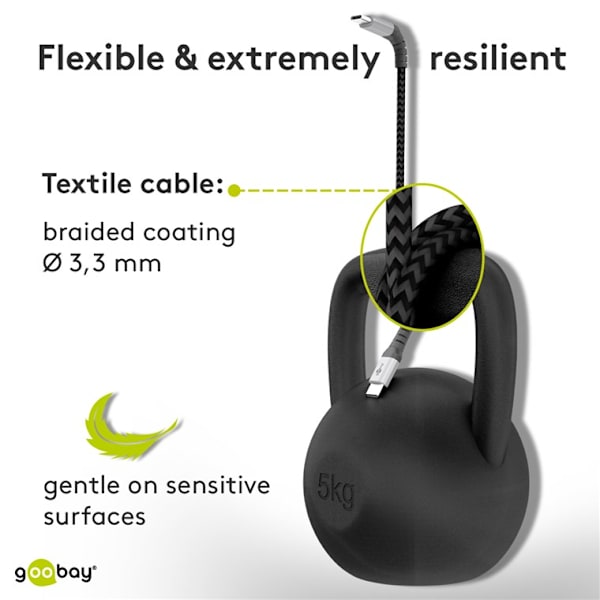 Mikro USB til USB-A tekstilkabel med metalstik 2 m