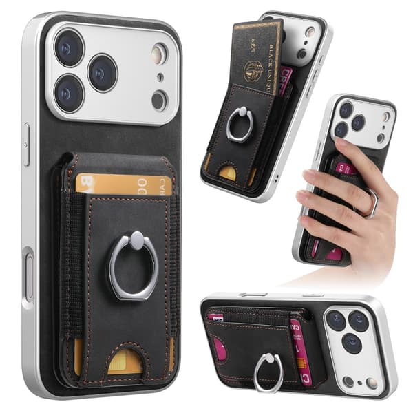 Sort PU-pungeetui kompatibelt med iPhone 17 Pro Max og iPhone 18 Pro Max med RFID-blokering og ringholder