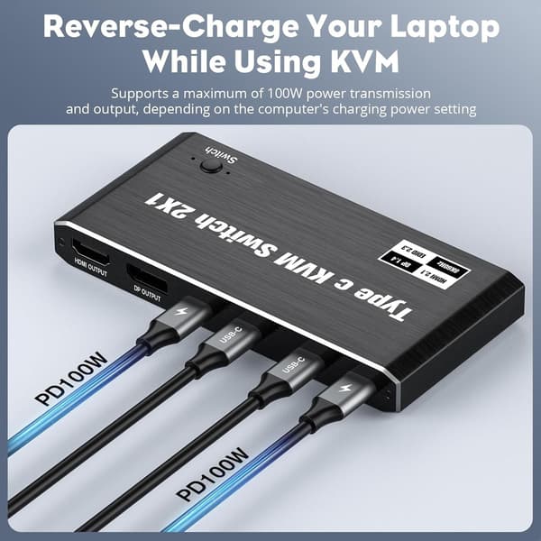 2 ind 1 ud USB-C KVM-switch 8K@60Hz 4K@120Hz 2-ports USB-C-switch