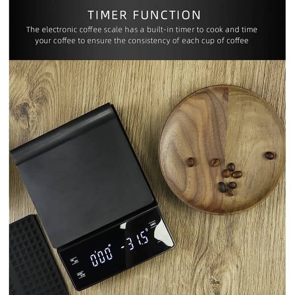Digital kaffevægt med timer og varmeisolerende måtte til pour-over brygning - 3kg kapacitet, g/oz/ml konvertering og klart LED-display