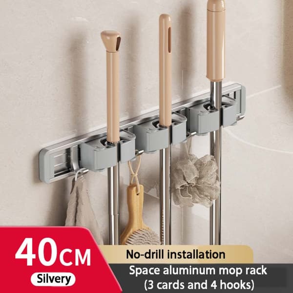 Wall-Mounted Broom Holder Silver 40cm 3 Clamps 4 Hooks Mop Rack Dual Use