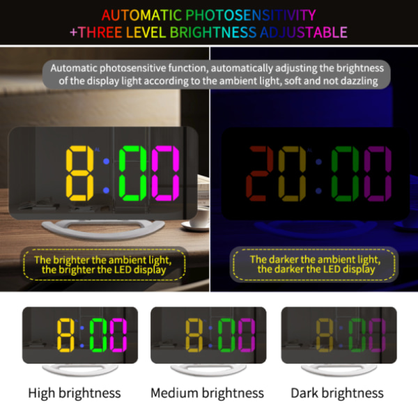 INF Digitalt vækkeur med spejloverflade 3 lysstyrkeniveauer RGB-