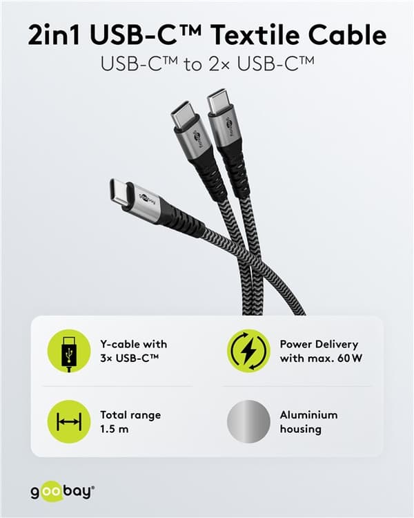 USB-C™-tekstiilikaapeli, 60 W, Power Delivery, 1,5 m, musta;harmaa