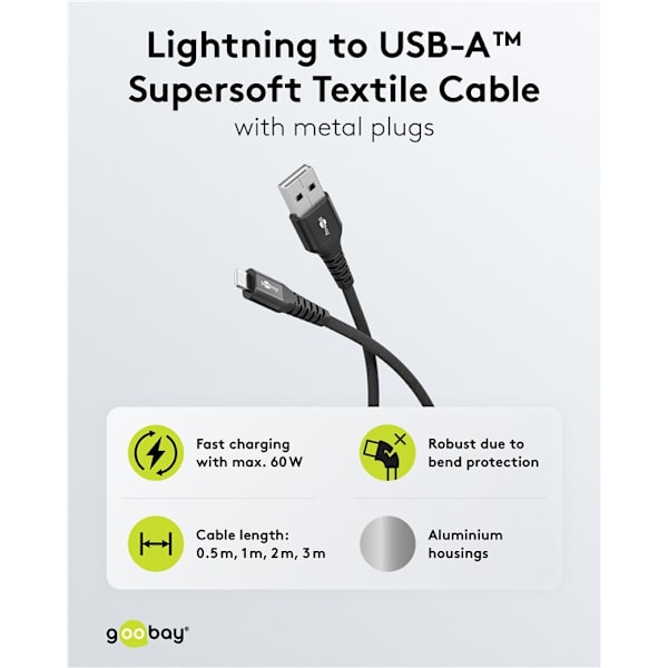 Lightning-USB-A supersoft textilkabel med metallkontakter, 1 m, svart