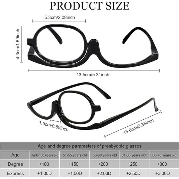 Förstoringsglasögon för smink 3,0x med roterande lins, justerbar båge, stöd för 350-graders långsynthet, 2-pack