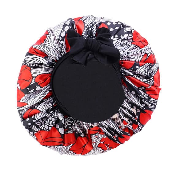 Hårhätta med tryck och stor storlek i satin, elastisk rosett och justerbar sovhatt, skönhetshätta red+black red+black