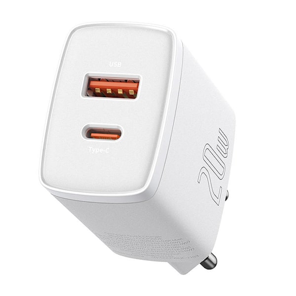 Baseus kompakt snabbladdare, USB, USB-C, 20W (vit)
