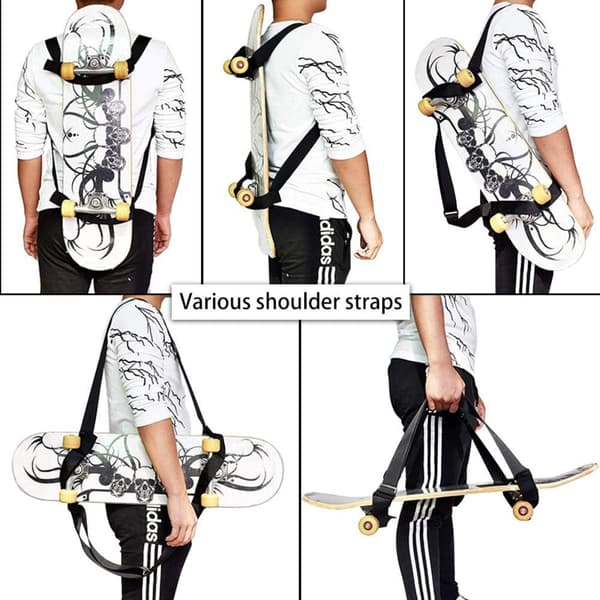 Justerbar skulderrem til skateboard og snowboard i sort nylon, 82 cm og op til 145 cm