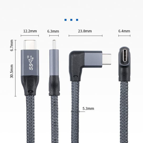 100W USB-C til USB-C Kabel med Vinkelstik - 20Gbps Dataoverførsel og 4K Video - Grå, 0.5M/1.5M 0.5m 0.5m