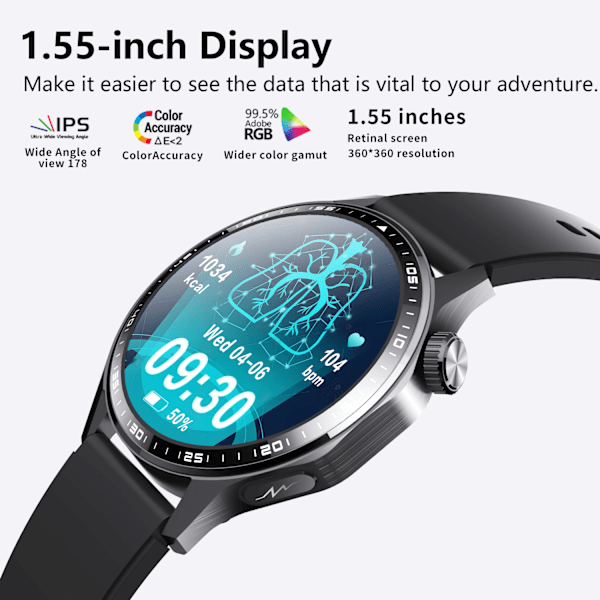 Smartwatch med EKG, pulsmåler, blodtryksmåler og skridttæller Black Bamboo Edition rem