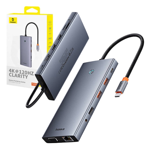 Hub 13in1 Baseus PortalJoy USB-C til HDMI+DP+VGA+C+USB+PD+RJ45+SD/TF+3,5 mm (grå)