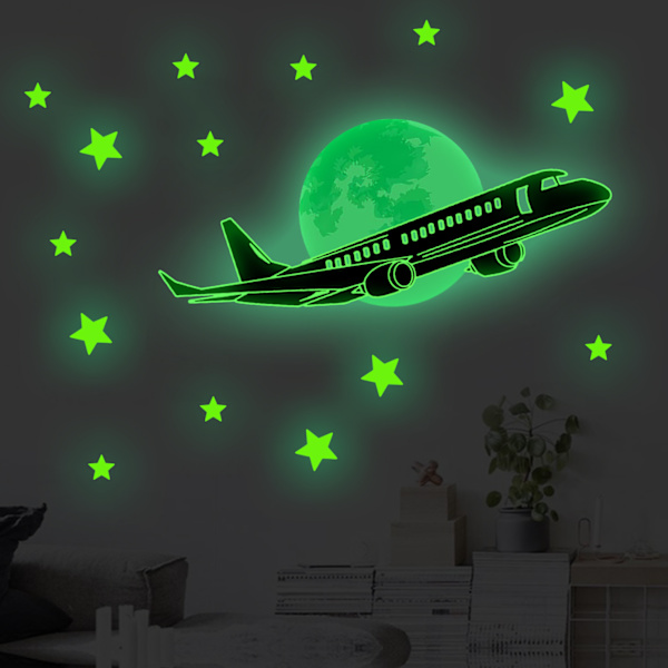 Självlysande Klistermärken, Stjärn- och Flygplansmotiv Grön
