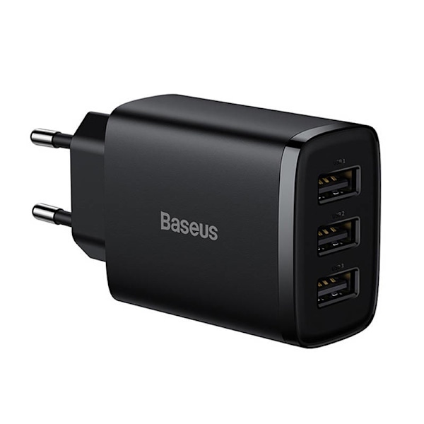 Baseus kompakt snabbladdare, 3x USB, 17W (svart)