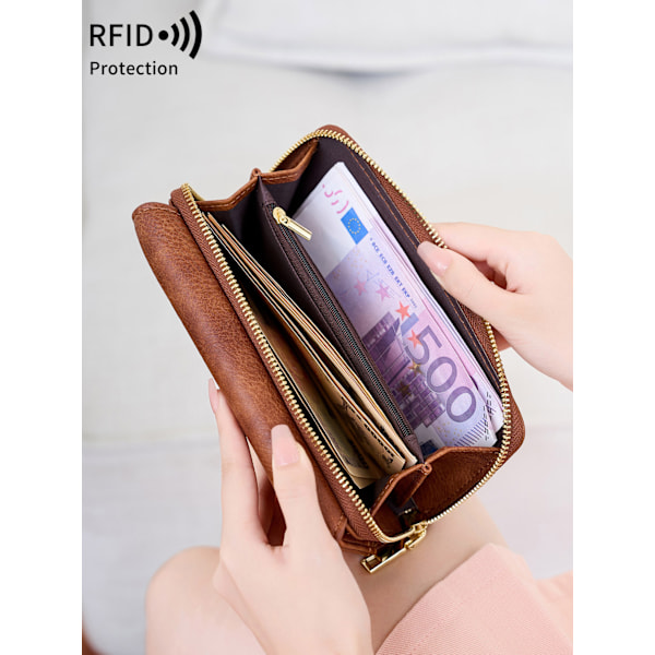 Ny RFID Multifunktionel Dame Trifold Lang Tegnebog Brun