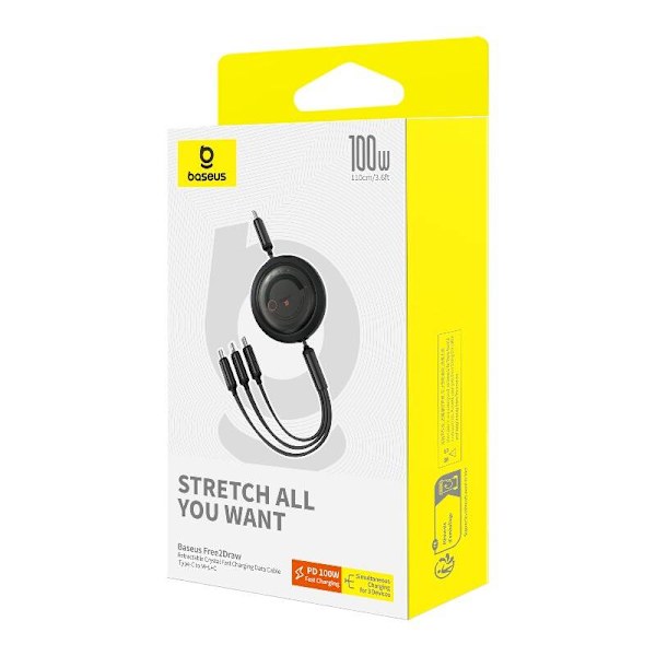 Hurtigopladningskabel 3i1 Baseus Free2Draw USB-C til USB-C/Lightning/Micro 100W, 1,1m (sort)