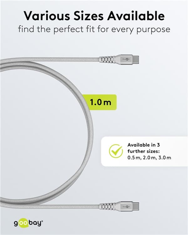 USB-C™ supersoft textilkabel med metallkontakter, 1 m, vit