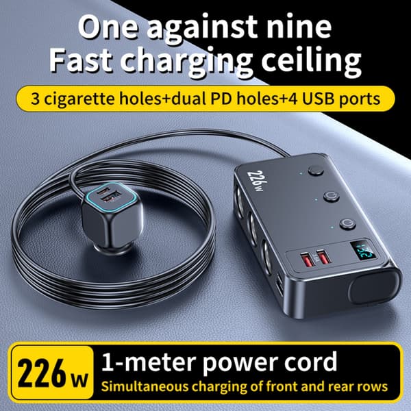 3-vejs cigarettænder biloplader med dual USB og Type-C PD45W, QC3.0, 194w total, 12-24v input og digital voltmeter