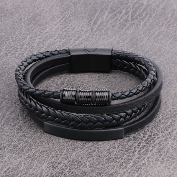 Flerlags vævet læderarmbånd med rustfri stålspænde 22 cm