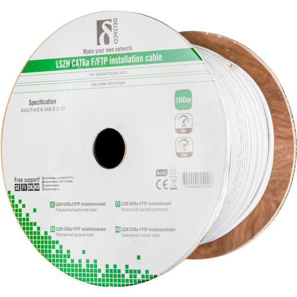 F/FTP Cat6a installation cable, LSZH, 100m box, white