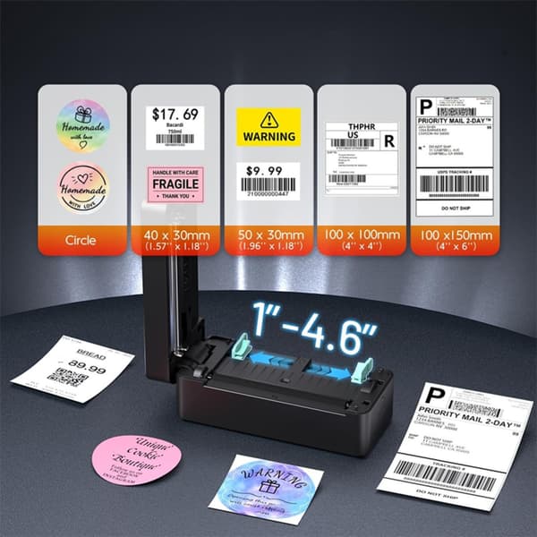 Termisk etiketprinter BT Bluetooth til forsendelse og butik - 108mm effektiv bredde, USB-B, Labelife-app kompatibel, 203dpi 150mm/s