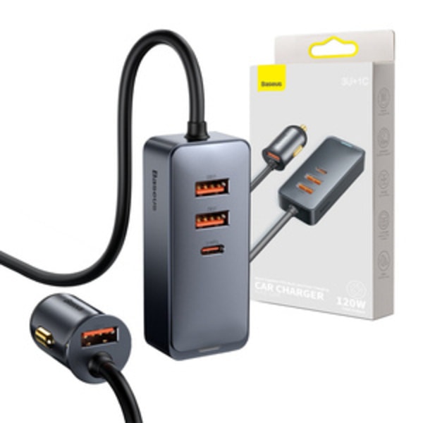 Billaddare Baseus Share Together med förlängningssladd, 3x USB, USB-C, 120W (grå)