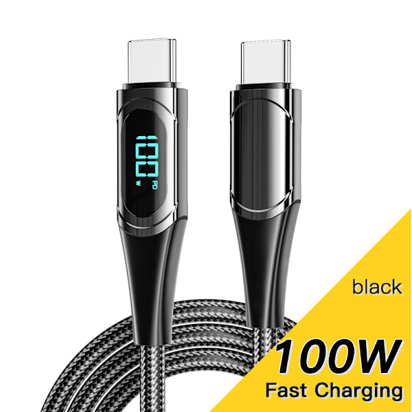 100W Digital Display USB-C Kabel - Flettet Sort 1M