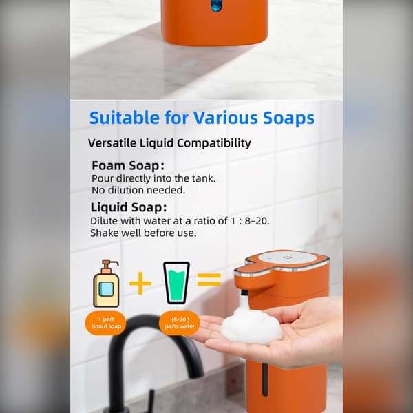 M20 touchfri sæbedispenser – automatisk håndsæbe til køkken og badeværelse med 0,3s sensor, LED-display, USB genopladelig, multifunktions væskestøtte Orange