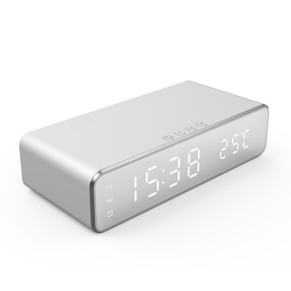 Digitalt LED vækkeur med trådløs oplader/termometer Sølv