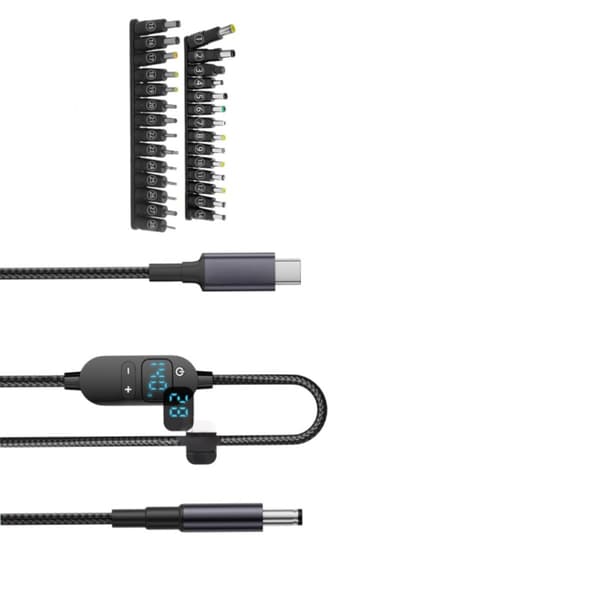 Multifunktionelt digitalt display USB-C til DC justerbart opladerkabel med 6-trins spænding PD3.1 140W og 28 adapterspidser