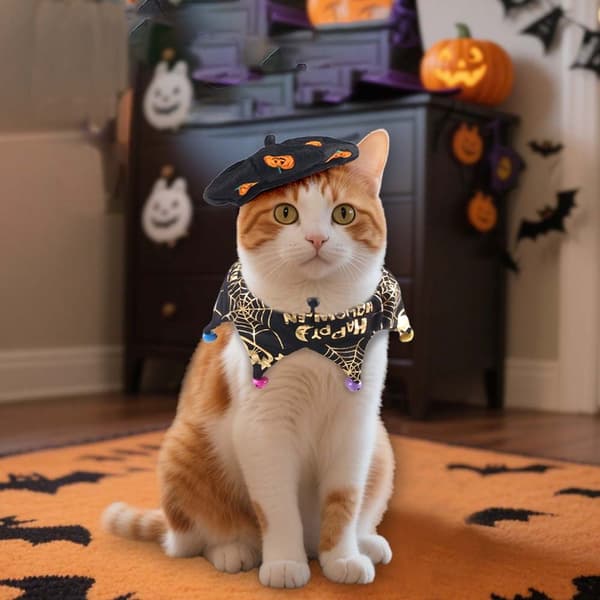 Halloween Kæledyr Kostume Sæt - Græskar Heks Hat og Halstørklæde til Katte og Hunde