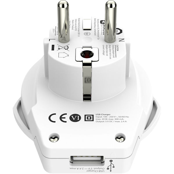 Reseadapter Världen till Europa USB-A 12W Jordad