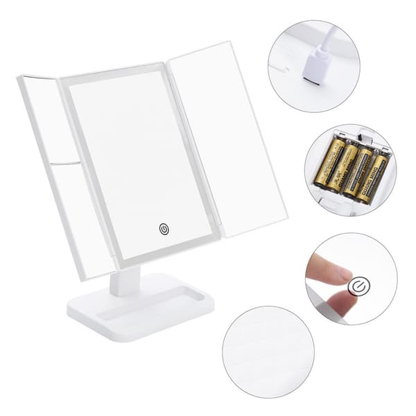 LED Sminkspegel - Läderdesign, USB/Batteridriven, Tri-Fold Sminkbordsspegel Vit