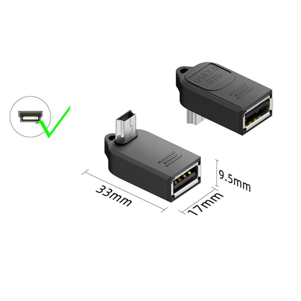 Alas suuntautuva oikeakulmainen Mini USB uros - USB A naaras OTG-sovitin (4 kpl), musta ABS, USB2.0 480Mbps, 5V/1A